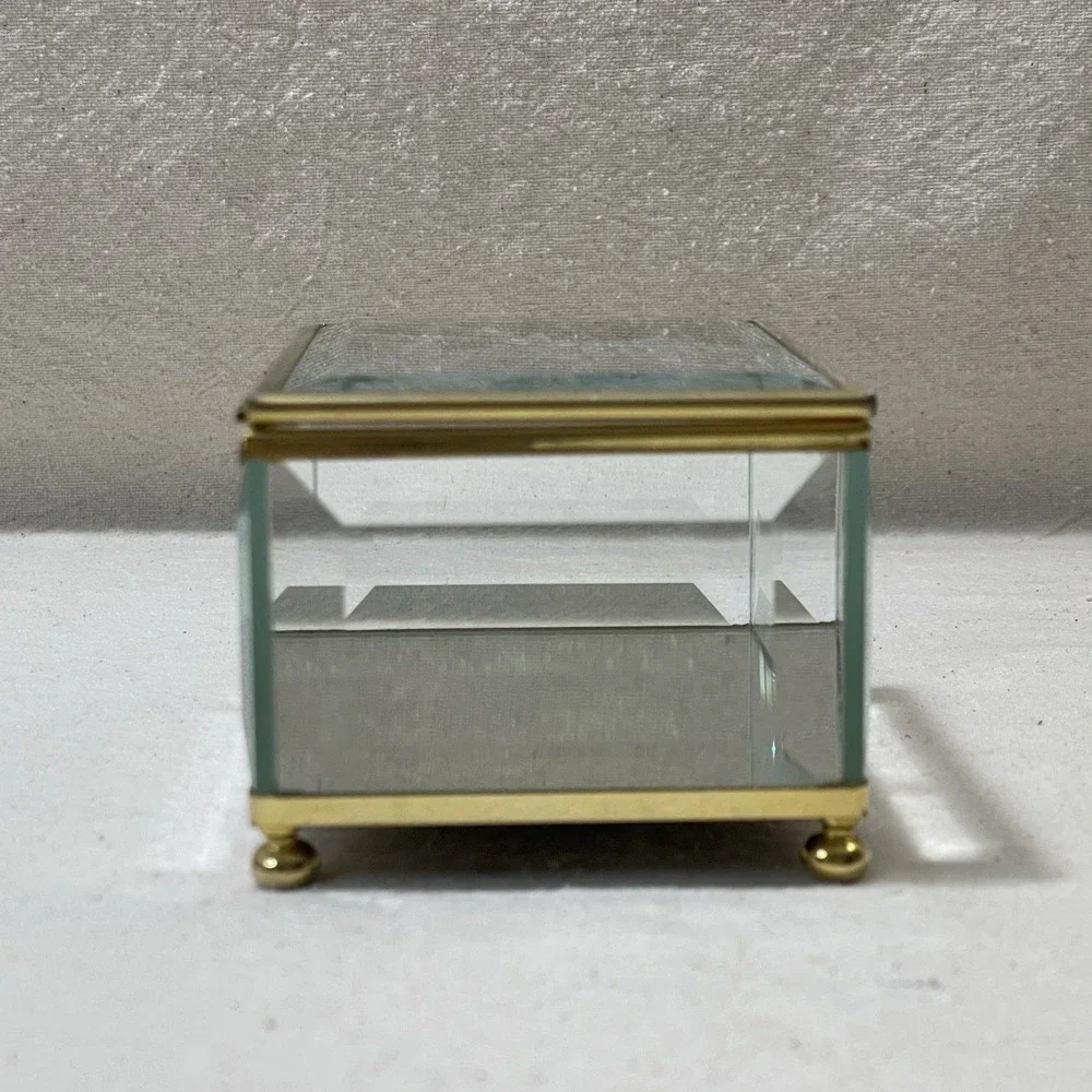 Vintage Glass Brass Mirrored Jewelry Trinket Vanity Display Box Etched‎ Bamboo